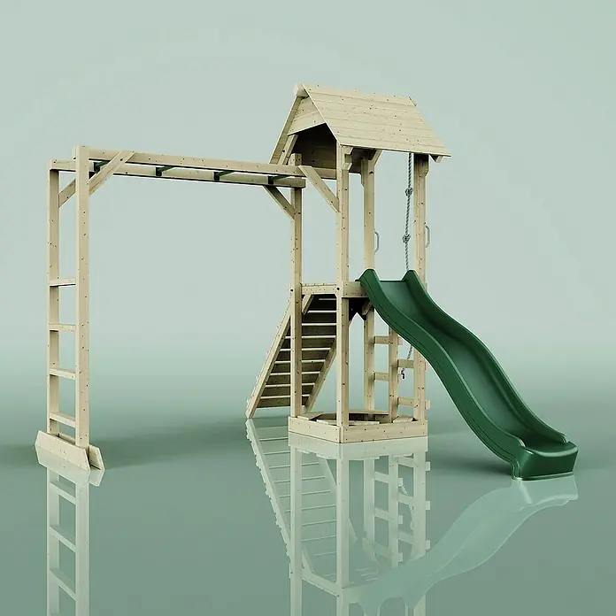 OutdoorToys Kinderspielturm Lund - L x B x H: 358 x 295 x 275 cm, Grün - Ein hölzernes Klettergerüst mit Rutsche, Leiter und Affenleitern steht auf einem reflektierenden Untergrund.