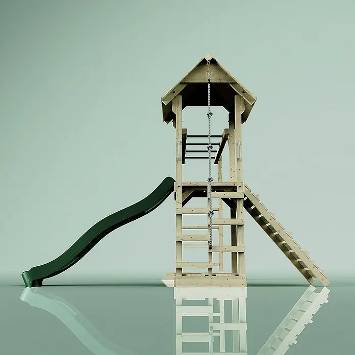 OutdoorToys Kinderspielturm Lund - L x B x H: 358 x 295 x 275 cm, Grün - Hölzerner Spielturm mit Rutsche, Kletterwand und Leiter für Kinder zum Spielen und Austoben im Freien.