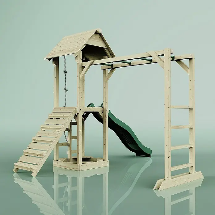 OutdoorToys Kinderspielturm Lund - L x B x H: 358 x 295 x 275 cm, Grün - Spielplatz mit Kletterturm, Rutsche und Sprossenwand aus hellem Holz. Ideal für Kinder zum Spielen im Garten.