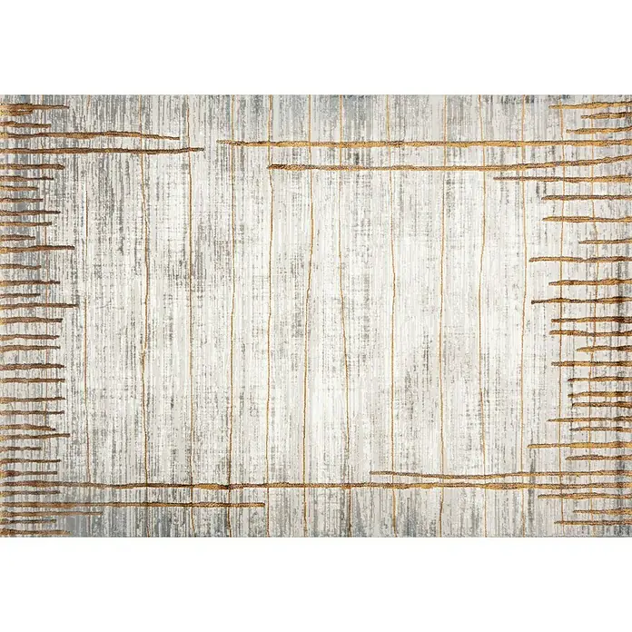 Alfombra de pelo corto Almo - Teja, 190 x 135 cm, 100% Poliéster - Alfombra moderna con diseño abstracto en tonos grises y dorados, ideal para salones o comedores.