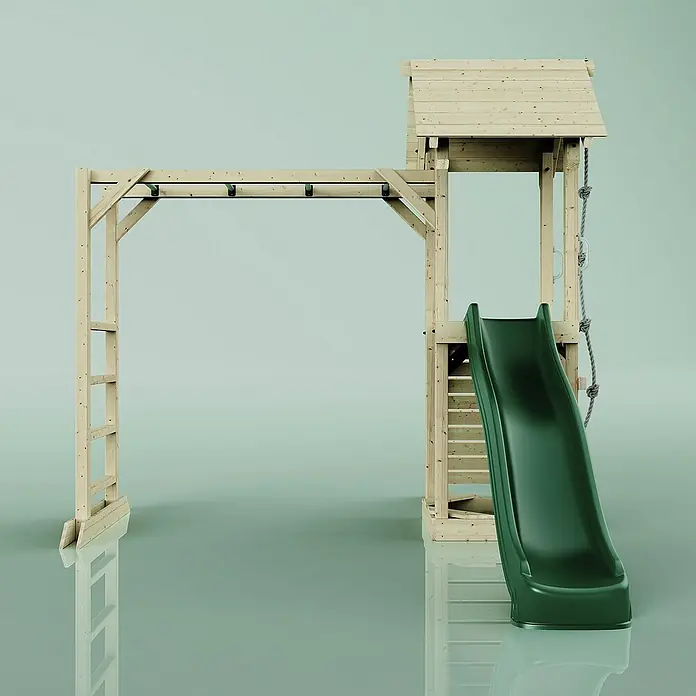 OutdoorToys Kinderspielturm Lund - L x B x H: 358 x 295 x 275 cm, Grün - Ein hölzernes Kinderspielgerät mit Rutsche, Kletterwand und Affenschaukel auf hellgrünem Hintergrund.