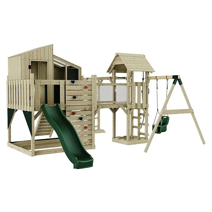 OutdoorToys Kinderspielturm Liv Babyschaukel; - Holz, Grün - Ein großer Holzspielplatz mit Rutsche, Kletterwand und Schaukel für stundenlangen Spaß im Garten.