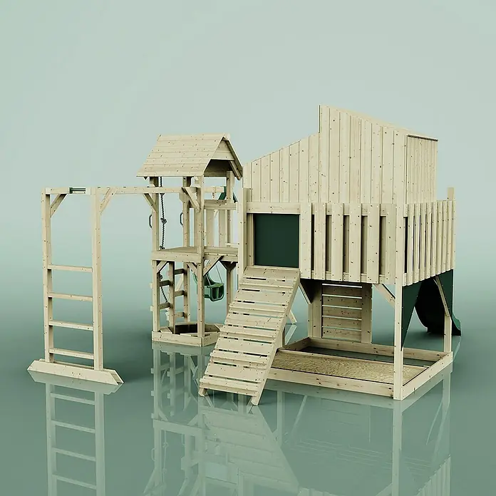 OutdoorToys Kinderspielturm Liv Babyschaukel; - Holz, Grün - Ein detailreiches Bild eines hölzernen Kinderspielplatzes mit Klettergerüst, Rutsche und Schaukeln, ideal für den Garten.
