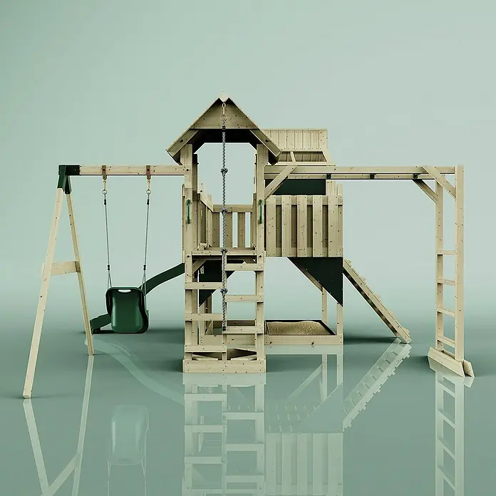 OutdoorToys Kinderspielturm Liv Babyschaukel; - Holz, Grün - Abbildung eines detailreichen Holzspielplatzes mit Schaukel, Rutsche und Kletterturm, ideal für fantasievolles Spielen im Freien.