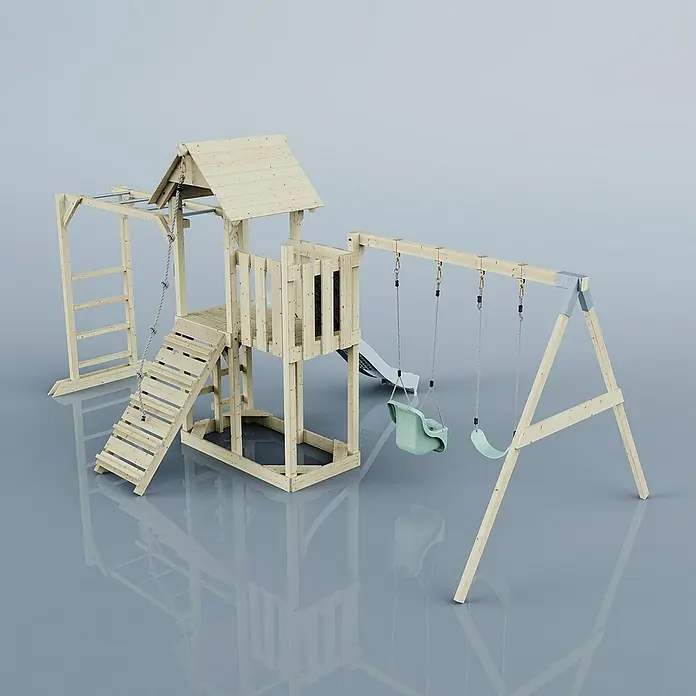 OutdoorToys Kinderspielturm Helsingborg - L x B x H: 358 x 562 x 275 cm, Blau - Eine detailgetreue Darstellung eines Holzspielplatzes mit Schaukeln, Rutsche und Klettergerüst, ideal für den Garten.