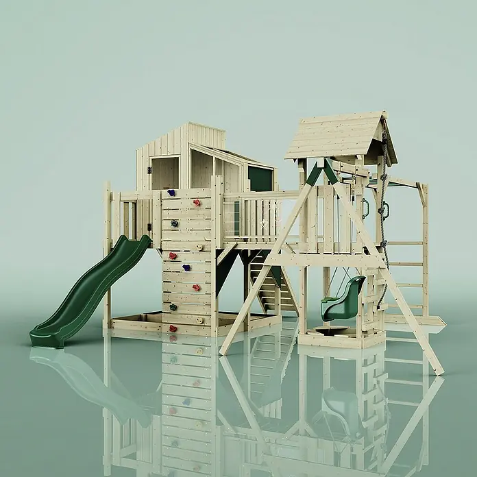 OutdoorToys Kinderspielturm Liv Babyschaukel; - Holz, Grün - Ein vielseitiges Spielgerät aus Holz mit Rutsche, Kletterwand und Schaukel, ideal für stundenlangen Spielspaß im Garten.
