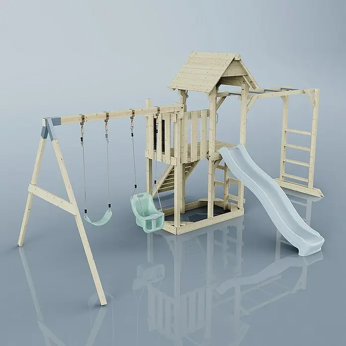 OutdoorToys Kinderspielturm Helsingborg - L x B x H: 358 x 562 x 275 cm, Blau - Spielplatzgerät aus Holz mit Schaukel, Rutsche und Klettergerüst für Kinder zum Spielen und Spaß haben im Freien.