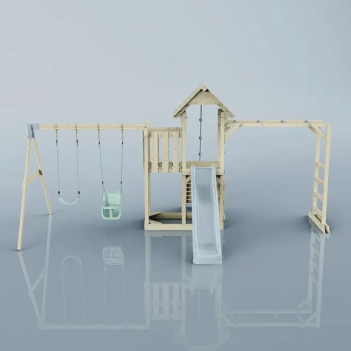 OutdoorToys Kinderspielturm Helsingborg - L x B x H: 358 x 562 x 275 cm, Blau - Eine detailreiche Darstellung eines Holzspielplatzes mit Schaukeln, Rutsche und Klettergerüst, ideal für aktive Kinder.