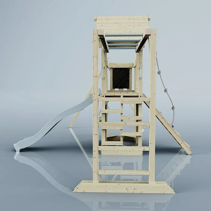 OutdoorToys Kinderspielturm Helsingborg - L x B x H: 358 x 562 x 275 cm, Blau - Hölzernes Spielgerät mit Rutsche, Kletterwand und Schaukel für Kinder zum Spielen und Spaß haben im Garten.
