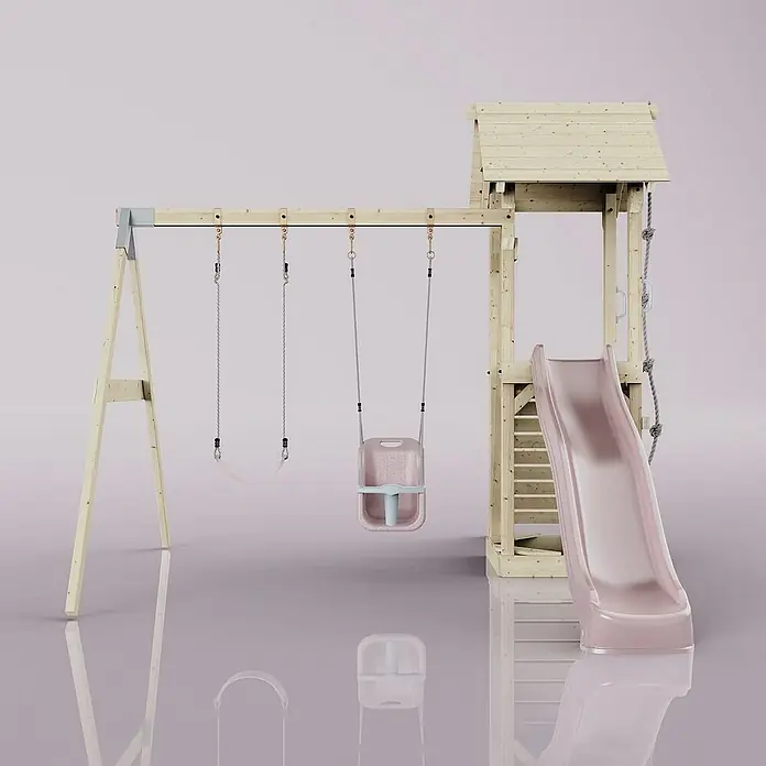 OutdoorToys Kinderspielturm Vimmerby - L x B x H: 332 x 357 x 273 cm, Rosa - Ein helles Holzspielgerät mit Schaukel und Rutsche. Das Spielgerät hat auch ein kleines Haus mit einem Giebeldach für noch mehr Spaß.