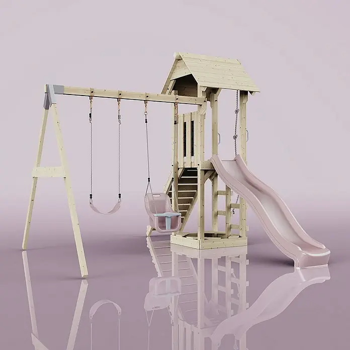 OutdoorToys Kinderspielturm Vimmerby - L x B x H: 332 x 357 x 273 cm, Rosa - Hölzerner Spielplatz mit Schaukel, Rutsche und Spielturm, ideal für den Garten. Der Spielplatz bietet vielfältige Spielmöglichkeiten für Kinder.