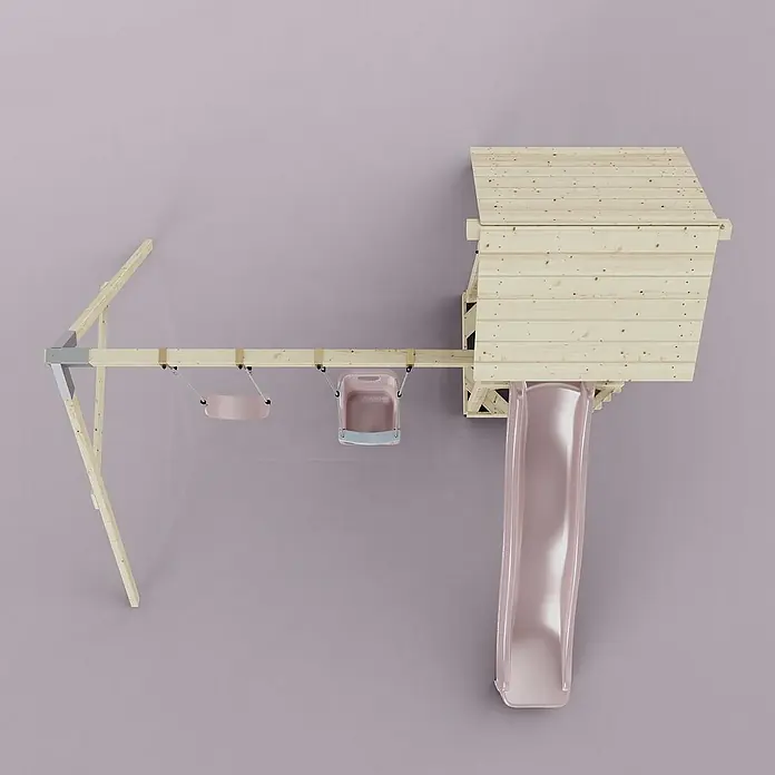 OutdoorToys Kinderspielturm Vimmerby - L x B x H: 332 x 357 x 273 cm, Rosa - Holzspielhaus mit Schaukel und Rutsche. Das perfekte Spielset für stundenlangen Spaß im Freien.