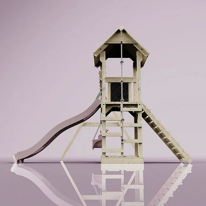 OutdoorToys Kinderspielturm Vimmerby - L x B x H: 332 x 357 x 273 cm, Rosa - Ein Spielturm aus Holz mit Rutsche, Leiter und Schaukel. Ideal für den Garten.