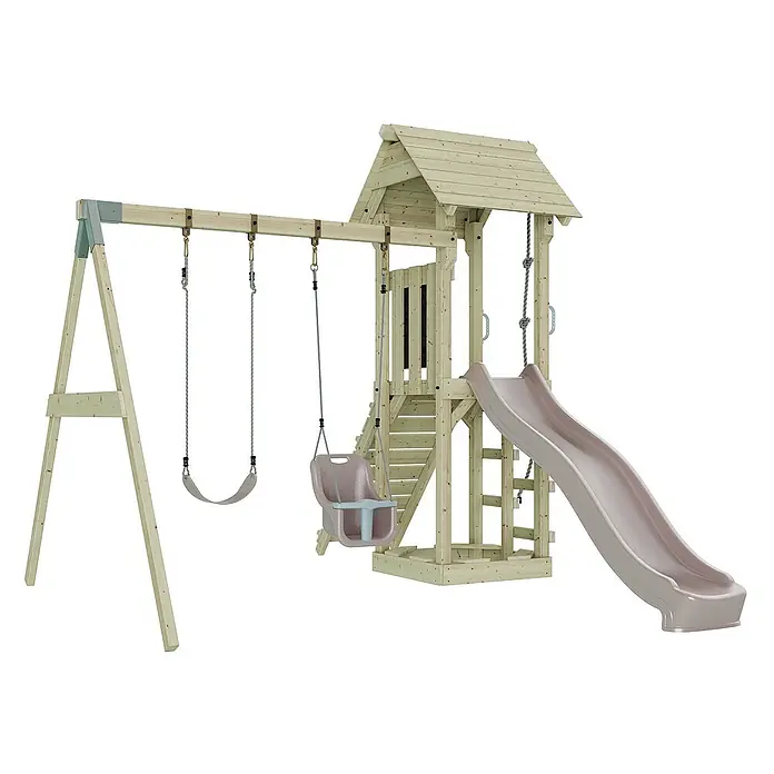 OutdoorToys Kinderspielturm Vimmerby - L x B x H: 332 x 357 x 273 cm, Rosa - Ein hölzerner Spielturm mit Schaukel, Rutsche, Kletterwand und einem kleinen Haus auf der Spitze. Ideal für Kinder zum Spielen im Garten.