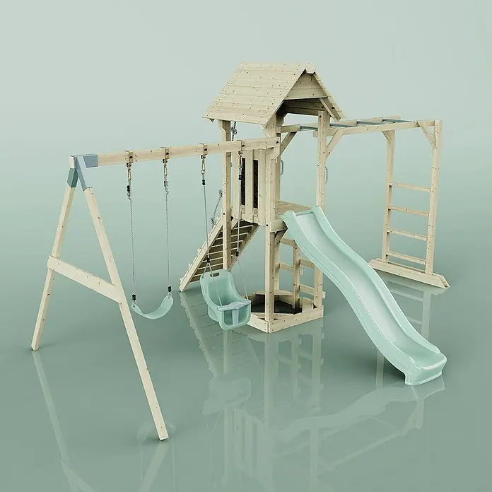 OutdoorToys Kinderspielturm Örebro - L x B x H: 358 x 491 x 275 cm, Grün - Holz-Spielplatzset mit Schaukeln, Rutsche und Klettergerüst für Kinder. Ideal für den Garten.