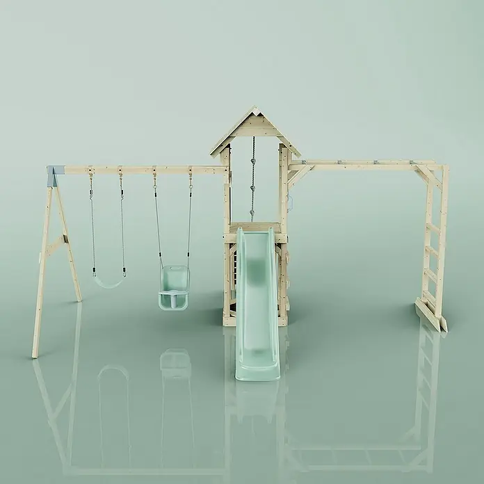 OutdoorToys Kinderspielturm Örebro - L x B x H: 358 x 491 x 275 cm, Grün - Hölzernes Spielplatzgerät mit Schaukeln, Rutsche, Klettergerüst und Leiter für stundenlangen Spaß im Freien.
