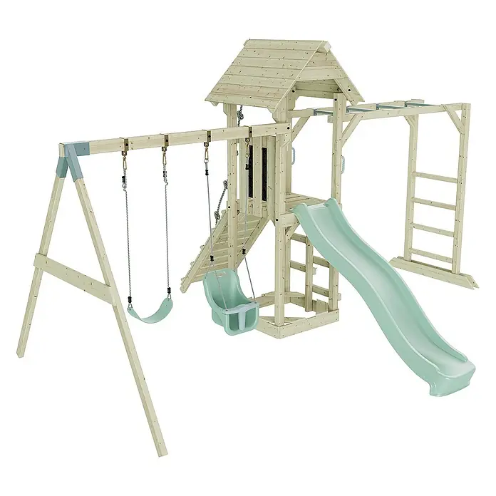 OutdoorToys Kinderspielturm Örebro - L x B x H: 358 x 491 x 275 cm, Grün - Ein vielseitiger Holzspielplatz mit Schaukeln, Rutsche und Klettergerüst für stundenlangen Spaß im Freien.