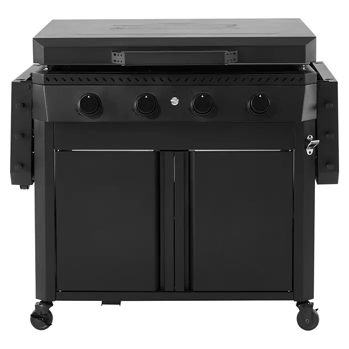 Kingstone Plancha-Grill Pro 4000 - Grillfläche (B x T): 87 x 54 cm, 16 kW, Anzahl Brenner: 4 Stk. - Schwarzer Gasgrill mit Ablageflächen und Unterschrank für den Außenbereich.