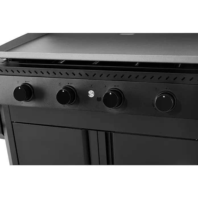 Kingstone Plancha-Grill Pro 4000 - Grillfläche (B x T): 87 x 54 cm, 16 kW, Anzahl Brenner: 4 Stk. - Detailaufnahme eines schwarzen Grills mit Drehknöpfen zur Steuerung der Hitze und darunterliegendem Stauraum.