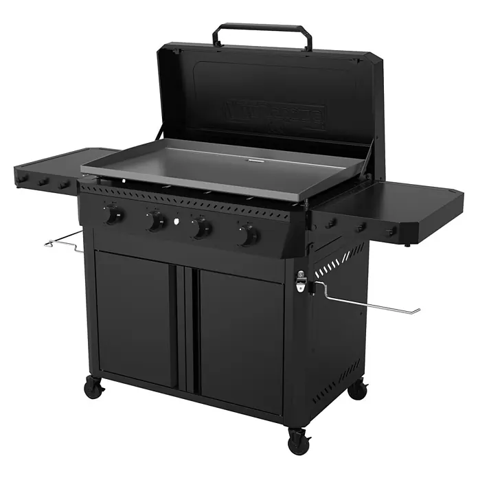 Kingstone Plancha-Grill Pro 4000 - Grillfläche (B x T): 87 x 54 cm, 16 kW, Anzahl Brenner: 4 Stk. - Schwarzer Outdoor-Grill mit offener Grillplatte und Schränken. Das perfekte Gerät für Grillliebhaber zum Kochen im Freien.