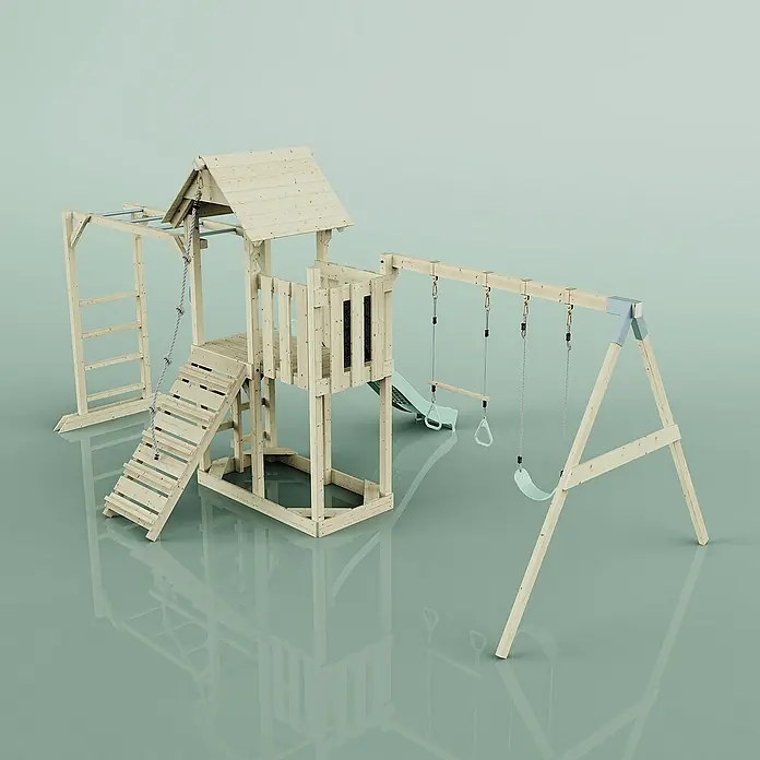 OutdoorToys Kinderspielturm Helsingborg - L x B x H: 358 x 562 x 275 cm, Grün - Hölzerner Kinderspielplatz mit Schaukel, Rutsche, Kletterwand und einem kleinen Häuschen für stundenlangen Spielspaß im Garten.