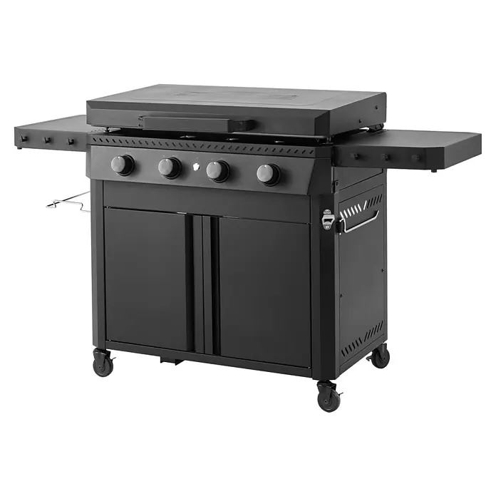 Kingstone Plancha-Grill Pro 4000 - Grillfläche (B x T): 87 x 54 cm, 16 kW, Anzahl Brenner: 4 Stk. - Schwarzer Grill mit vier Brennern, Ablageflächen und Unterschrank mit zwei Türen. Ideal für Grillabende im Freien.