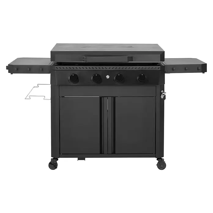 Kingstone Plancha-Grill Pro 4000 - Grillfläche (B x T): 87 x 54 cm, 16 kW, Anzahl Brenner: 4 Stk. - Schwarzer Gasgrill mit vier Brennern, Ablageflächen und Unterschrank. Ideal für Garten und Terrasse.