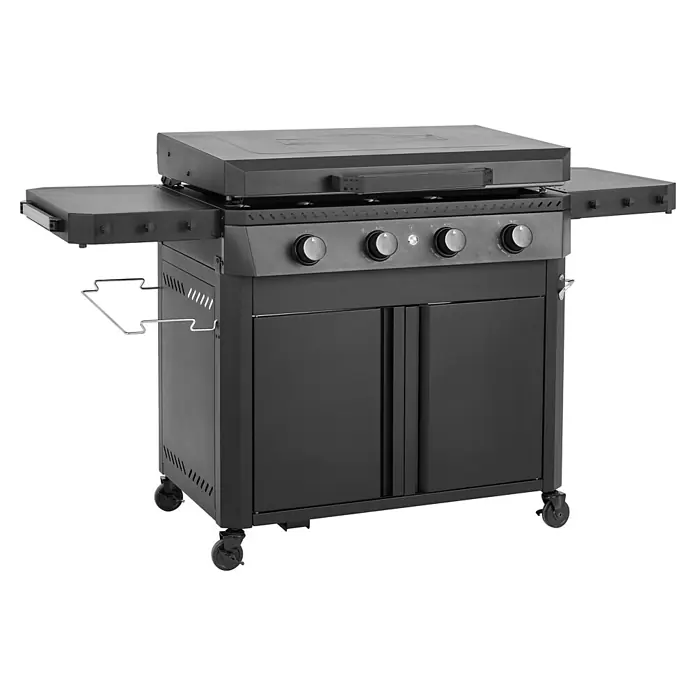 Kingstone Plancha-Grill Pro 4000 - Grillfläche (B x T): 87 x 54 cm, 16 kW, Anzahl Brenner: 4 Stk. - Ein schwarzer Grill mit Arbeitsflächen an den Seiten und einem Unterschrank mit Türen. Praktisches Grillgerät für den Garten oder die Terrasse.