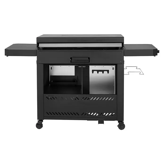 Kingstone Plancha-Grill Pro 4000 - Grillfläche (B x T): 87 x 54 cm, 16 kW, Anzahl Brenner: 4 Stk. - Hier ist ein Bild eines schwarzen Grills. Der Grill hat Ablageflächen und eine offene Front mit Ablagefächern.