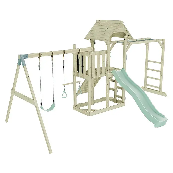 OutdoorToys Kinderspielturm Helsingborg - L x B x H: 358 x 562 x 275 cm, Grün - Holzspielplatz mit Schaukel, Rutsche und Klettergerüst für Kinder zum Spielen und Austoben im Garten.