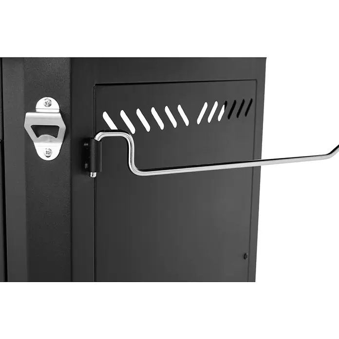 Kingstone Plancha-Grill Pro 4000 - Grillfläche (B x T): 87 x 54 cm, 16 kW, Anzahl Brenner: 4 Stk. - Nahaufnahme eines schwarzen Gasgrills mit Flaschenöffner und Handtuchhalter. Praktisches Design für Grillliebhaber.