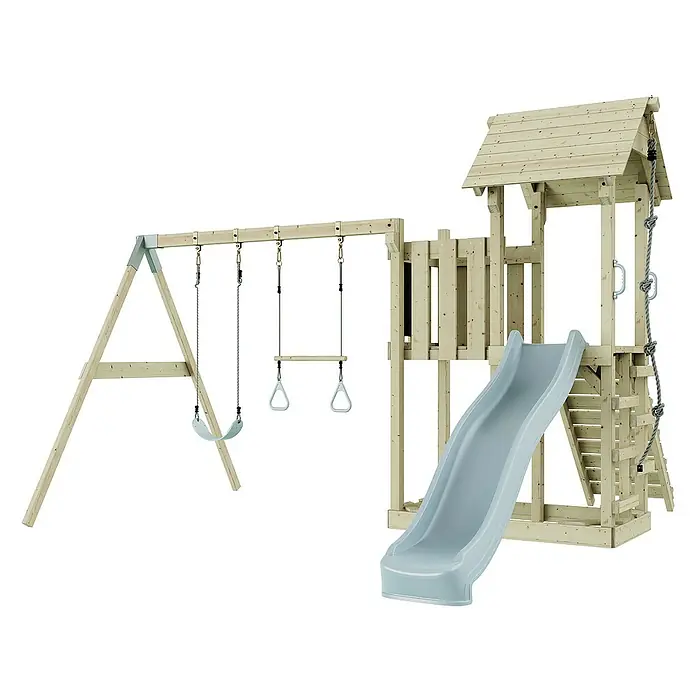 OutdoorToys Kinderspielturm Uppsala - L x B x H: 373 x 357 x 273 cm, Blau - Hier ist ein Spielturm aus Holz mit Schaukel, Reckstange und Rutsche für Kinder zum Spielen und Spaß haben.