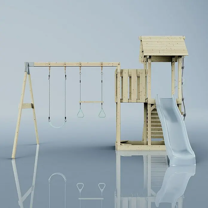 OutdoorToys Kinderspielturm Uppsala - L x B x H: 373 x 357 x 273 cm, Blau - Holzspielplatz mit Schaukel, Rutsche und Klettergerüst für Kinder, ideal für den Garten. Fördert spielerisch die Motorik und Kreativität.
