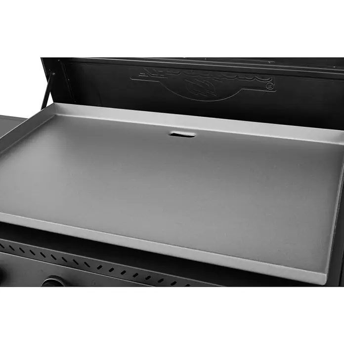 Kingstone Plancha-Grill Pro 4000 - Grillfläche (B x T): 87 x 54 cm, 16 kW, Anzahl Brenner: 4 Stk. - Bild einer Grillplatte mit Abdeckung. Die Grillplatte ist flach und aus Metall.