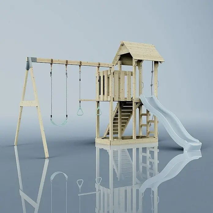 OutdoorToys Kinderspielturm Uppsala - L x B x H: 373 x 357 x 273 cm, Blau - Hellholz-Spielturm mit Schaukeln und Rutsche für Kinder, ideal für fantasievolles Spielen im Freien. Das Spielhaus bietet vielseitigen Spaß!
