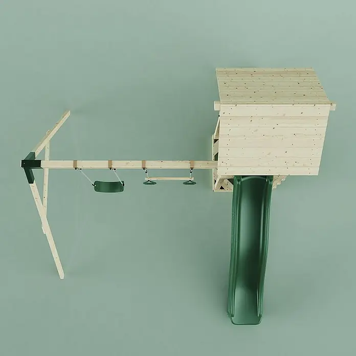 OutdoorToys Kinderspielturm Vimmerby - L x B x H: 332 x 357 x 273 cm, Grün - Holzspielhaus mit Schaukel und Rutsche für Kinder, ideal für den Garten.