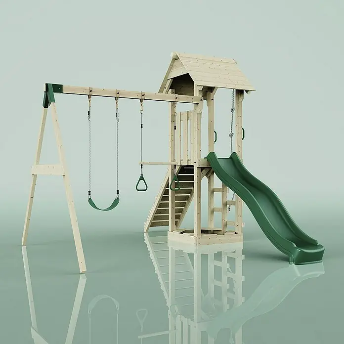 OutdoorToys Kinderspielturm Vimmerby - L x B x H: 332 x 357 x 273 cm, Grün - Hier ist ein detailreiches Bild eines hochwertigen Holzspielturms mit Schaukel, Rutsche und Kletterelementen für Kinder im Garten.