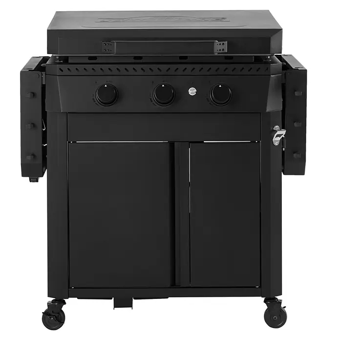 Kingstone Plancha-Grill Pro 3000 - Grillfläche (B x T): 71 x 54 cm, 12 kW, Anzahl Brenner: 3 Stk. - Abbildung eines schwarzen Grills mit drei Knöpfen, einer Schublade und Seitenablagen. Ideal für Grillabende im Freien.