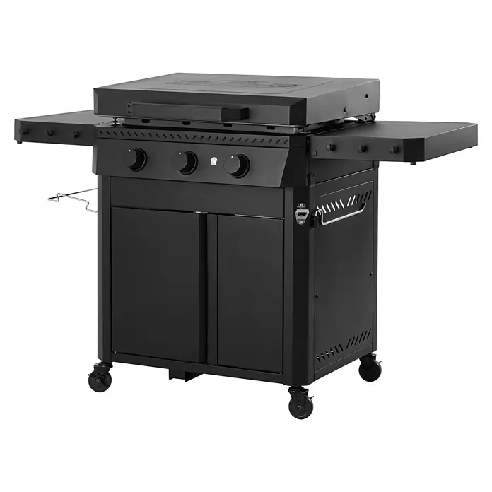 Kingstone Plancha-Grill Pro 3000 - Grillfläche (B x T): 71 x 54 cm, 12 kW, Anzahl Brenner: 3 Stk. - Schwarzer Grill mit Ablageflächen und Schrankfächern. Der Grill ist auf Rädern montiert und bietet viel Stauraum und Arbeitsfläche.