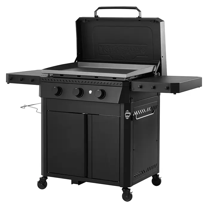 Kingstone Plancha-Grill Pro 3000 - Grillfläche (B x T): 71 x 54 cm, 12 kW, Anzahl Brenner: 3 Stk. - Schwarzer Kingszone Grill mit drei Brennern, Seitentischen und Unterschrank für ein optimales Grillerlebnis im Freien.