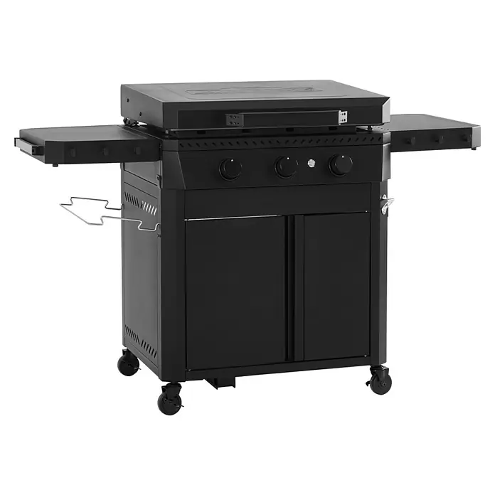Kingstone Plancha-Grill Pro 3000 - Grillfläche (B x T): 71 x 54 cm, 12 kW, Anzahl Brenner: 3 Stk. - Abbildung eines schwarzen Grills mit Ablageflächen an den Seiten und einem Schrank darunter.
