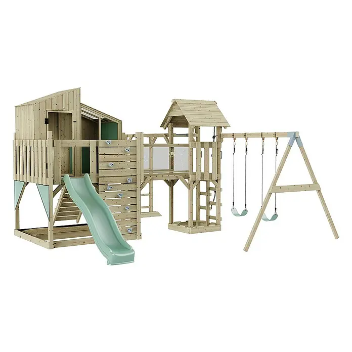 OutdoorToys Kinderspielturm Polarplay Emma - L x B x H: 490 x 503 x 291 cm, Grün - Abenteuerlicher Holzspielplatz mit Rutsche, Schaukeln und Kletterwand für stundenlangen Spaß im Freien.