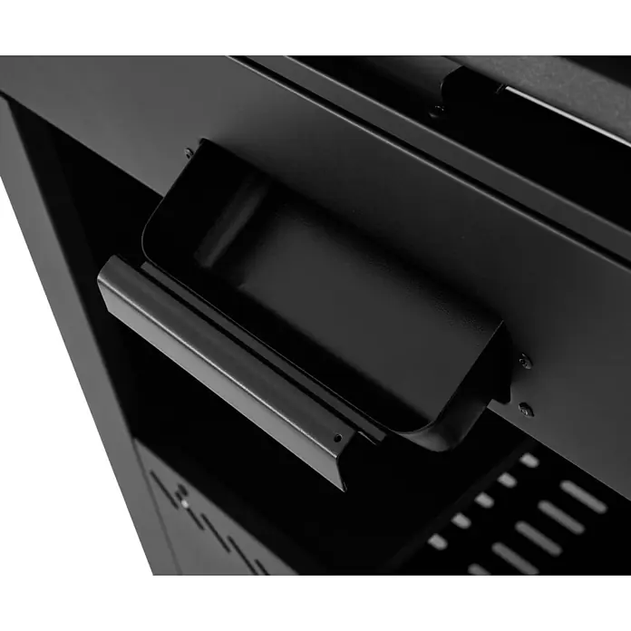 Kingstone Plancha-Grill Pro 3000 - Grillfläche (B x T): 71 x 54 cm, 12 kW, Anzahl Brenner: 3 Stk. - Detailaufnahme eines schwarzen Grillteils mit einem praktischen Behälter, ideal für Zubehör oder Werkzeuge beim Grillen.