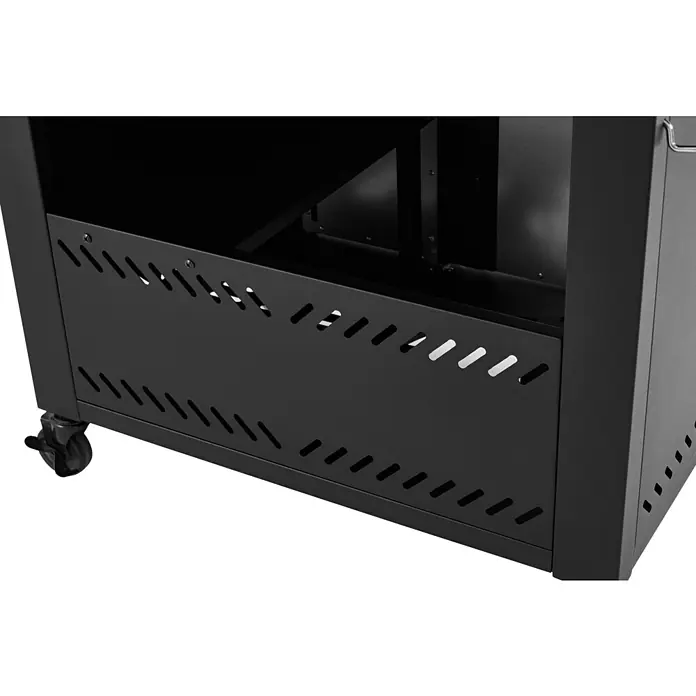 Kingstone Plancha-Grill Pro 3000 - Grillfläche (B x T): 71 x 54 cm, 12 kW, Anzahl Brenner: 3 Stk. - Ansicht eines schwarzen Grillwagens mit Lüftungsschlitzen an der Seite und einem Rad zur Mobilität.