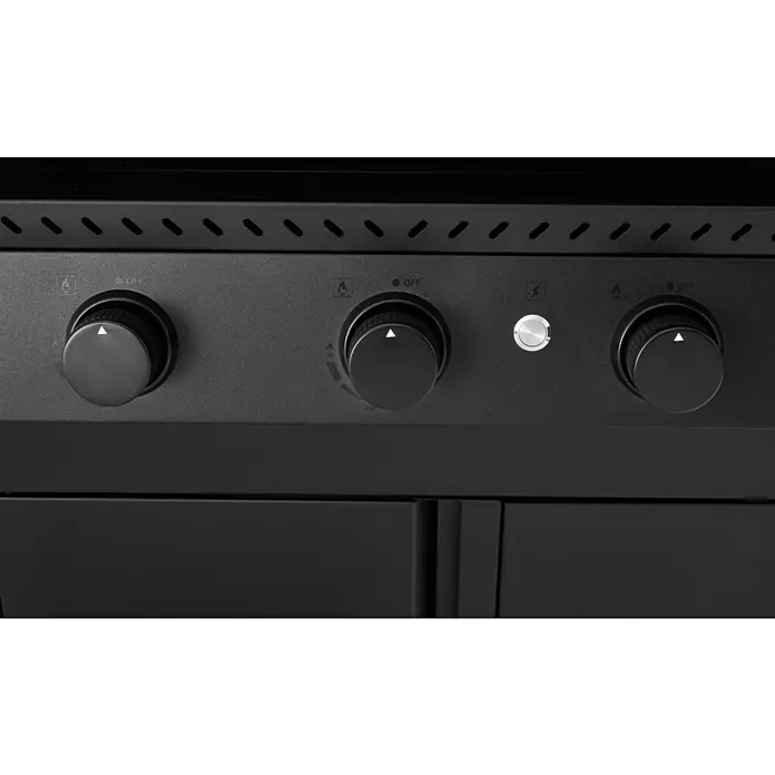 Kingstone Plancha-Grill Pro 3000 - Grillfläche (B x T): 71 x 54 cm, 12 kW, Anzahl Brenner: 3 Stk. - Nahaufnahme der schwarzen Bedienelemente eines Grills mit Knöpfen und Zündschalter zur Temperaturregelung.