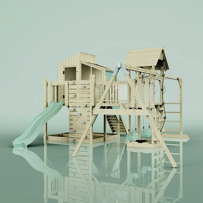 OutdoorToys Kinderspielturm Polarplay Emma - L x B x H: 490 x 503 x 291 cm, Grün - Ein detailreiches Bild eines hölzernen Spielplatzes mit Rutsche, Kletterwand und Schaukeln, ideal für aktive Kinder.
