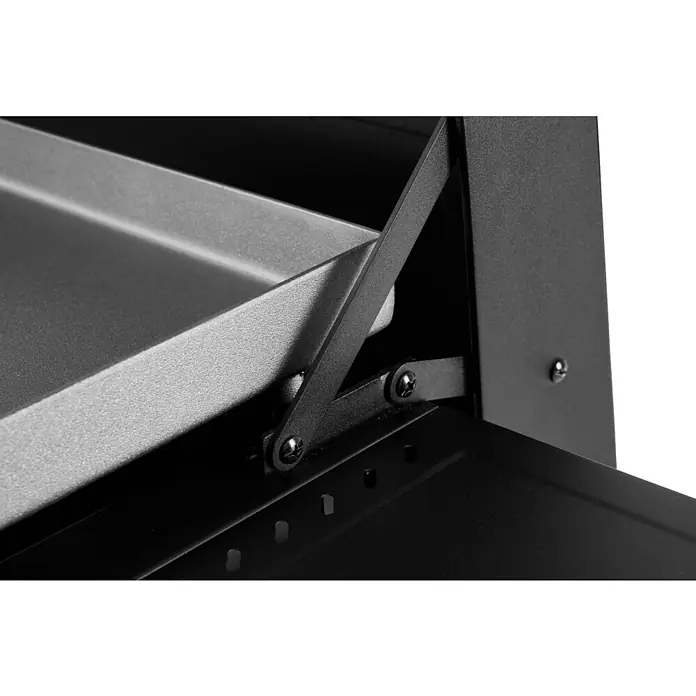 Kingstone Plancha-Grill Pro 3000 - Grillfläche (B x T): 71 x 54 cm, 12 kW, Anzahl Brenner: 3 Stk. - Nahaufnahme eines grauen Metallregals mit Scharnier und Schrauben, das ein robustes und industrielles Design hervorhebt.