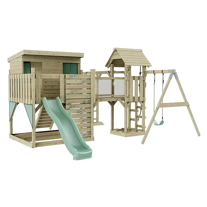 OutdoorToys Kinderspielturm Polarplay Inga - L x B x H: 400 x 503 x 274 cm, Grün - Ein farbenfroher Spielplatz aus Holz mit Rutsche, Schaukel und Kletterwand. Ideal für stundenlangen Spaß im Freien.