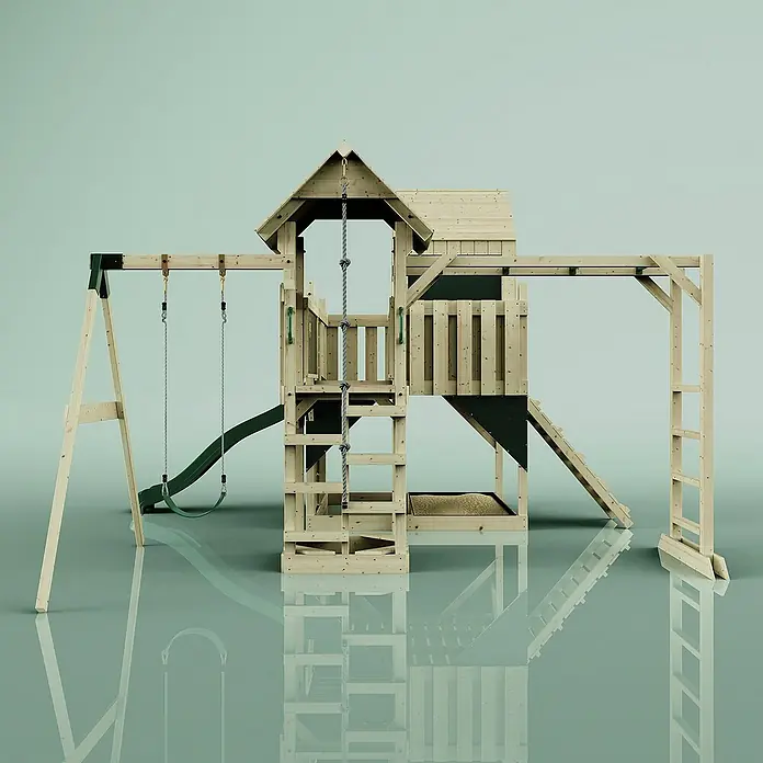 OutdoorToys Kinderspielturm Mille Kinderschaukel; - Holz, Grün - Abbildung eines hölzernen Spielplatzes mit Schaukel, Rutsche und Klettergerüst, ideal für den Garten.