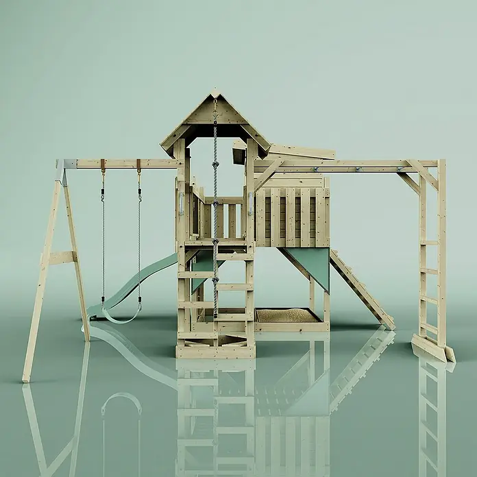 OutdoorToys Kinderspielturm Polarplay Inga - L x B x H: 400 x 503 x 274 cm, Grün - Ein hölzernes Spielgerüst mit Schaukel, Rutsche und Kletterturm, ideal für stundenlangen Spaß im Freien.